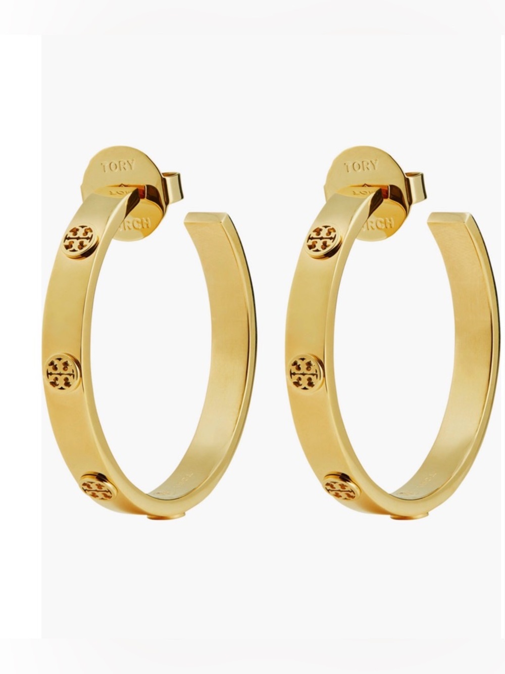 Tory Burch Authentic Icon Gold Signature Logo Hoop Earrings 18K Plated New